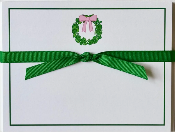 Wreath With Pink Bow Christmas Flat Notecards