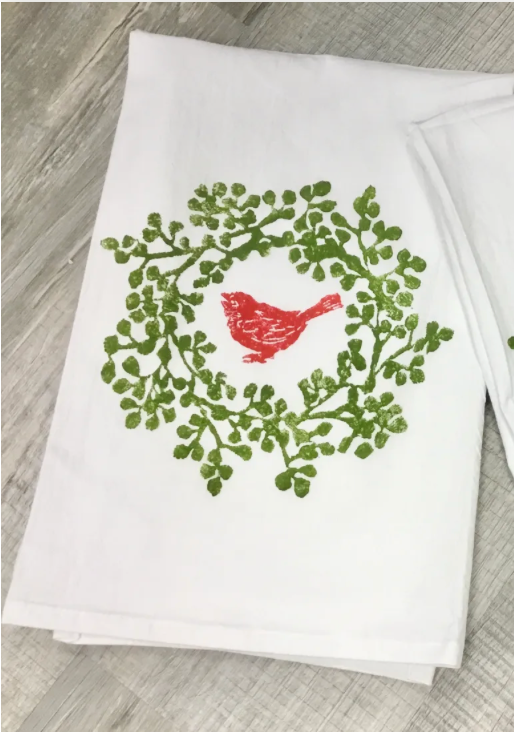 Green Berry Wreath with Red Cardinal Kitchen Towel